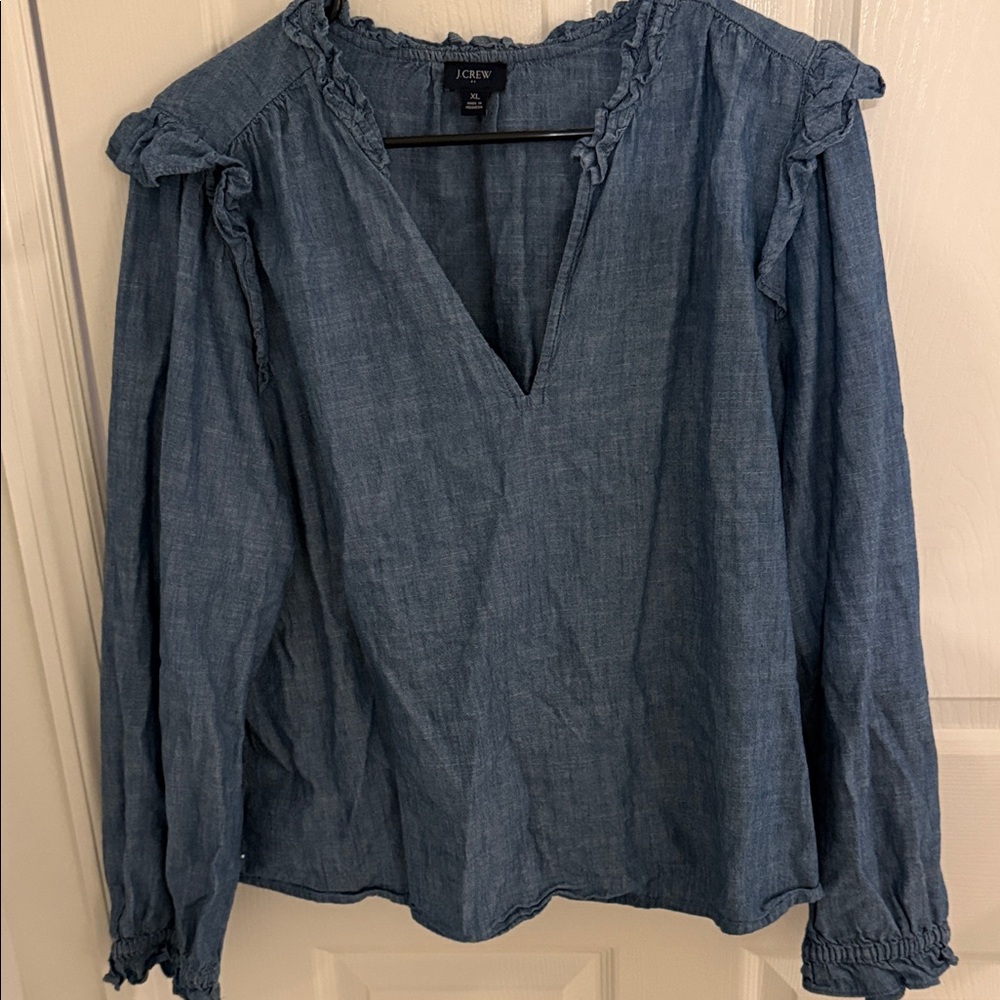J. Crew Denim Blue Blouse with Ruffle Details